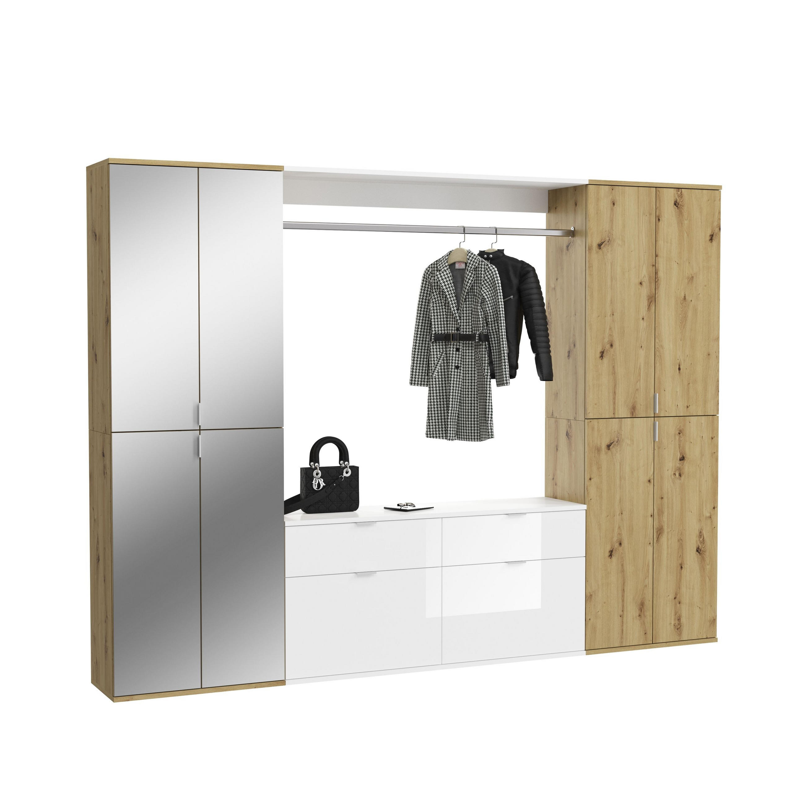 GARDEROBEN-SET PROJEKT X 3-tlg. (B/H/T: ca. 243/193/34 cm) in Artisan Eiche Nachbildung / Weiß/Artisan Eiche Nachbildung / Spiegelglas - Eiche Artisan, Holzwerkstoff (243/193/34cm)