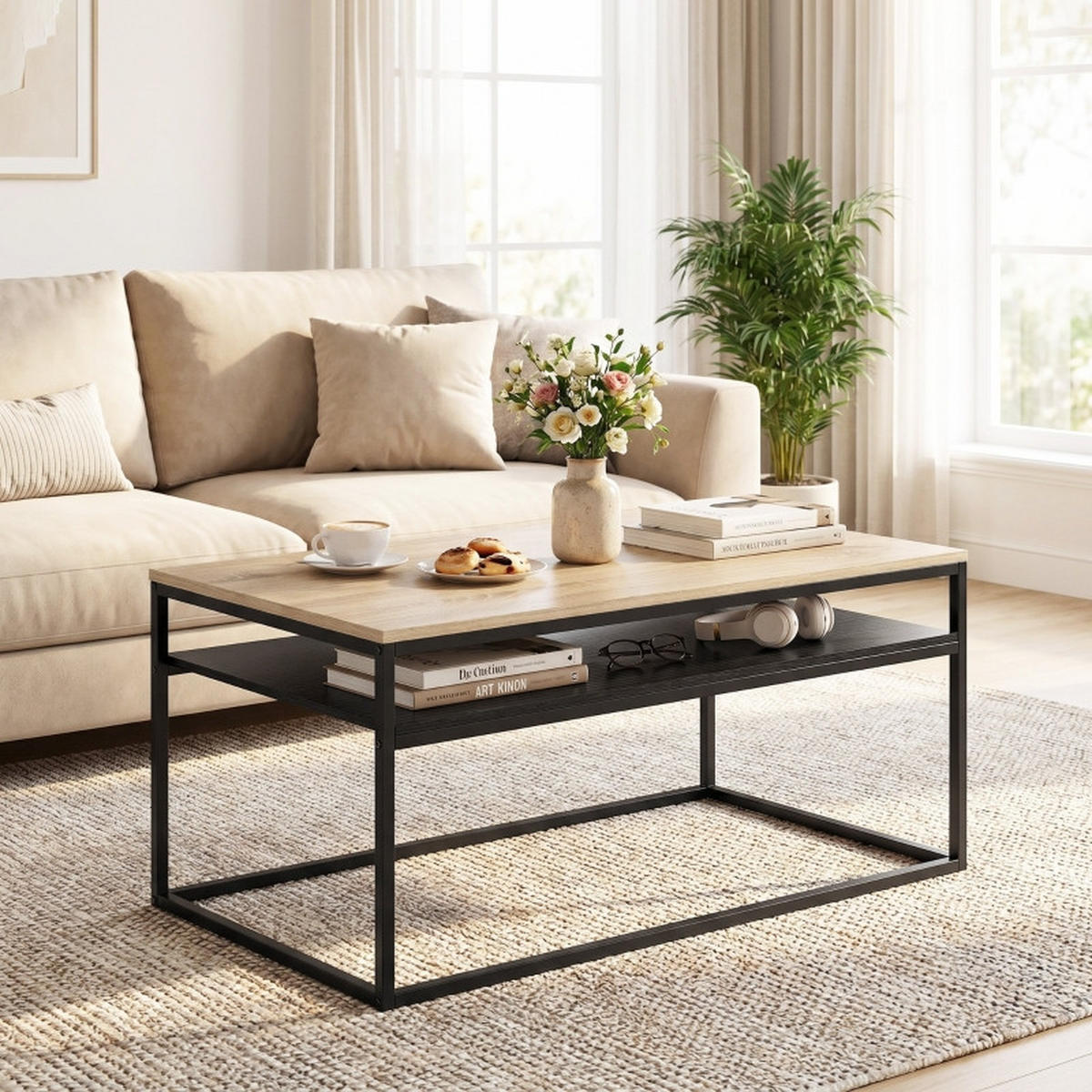 COUCHTISCH DE-37206 mit 2 Ebenen und Zweifarbdesign Eiche/Schwarz - Eichefarben, Holzwerkstoff (100/59.8/47cm) - ComfortXL