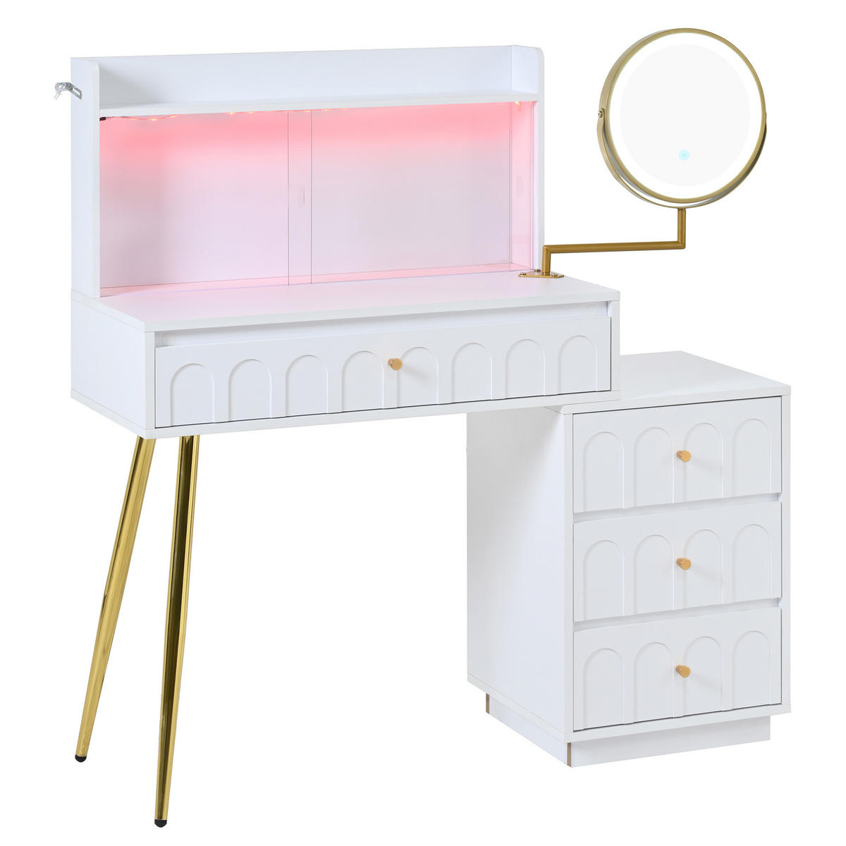 SCHMINKTISCH in Weiß Frisiertisch mit LED-Spiegel und 4 Schubladen für Schlafzimmer, B112/T40/H116cm - Transparent/Goldfarben, Holzwerkstoff/Metall (112/116/34.5cm) - STILVORA