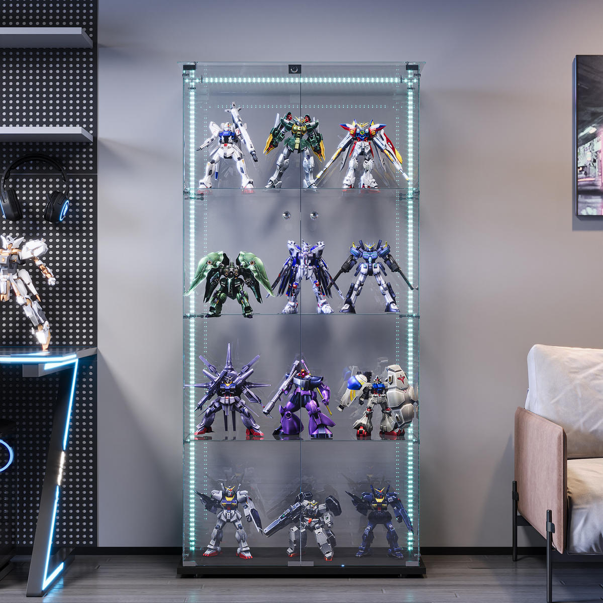 VITRINE Glas LED, 4 Einlegeböden, Doppeltür, Schwarz - Schwarz, Holz (35/163/78.5cm)