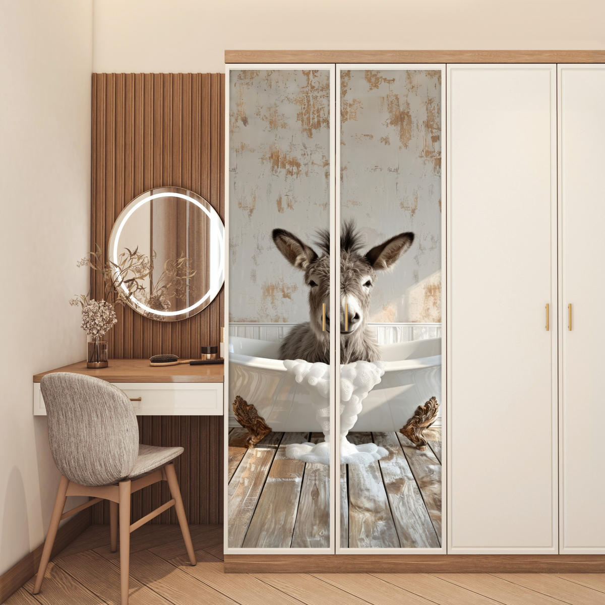 FOTOTAPETE Tür - Esel - Tier - Vintage - Badewanne 80x205 cm - Eukalyptusholzfarben, Kunststoff (80/0.1cm) - MuchoWow