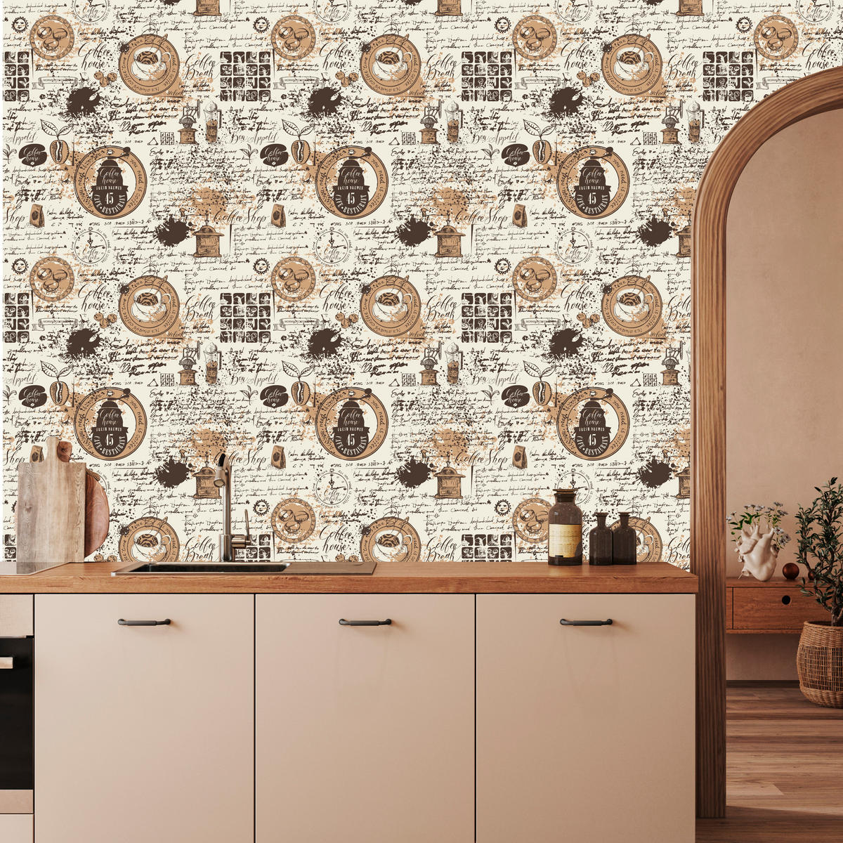 VLIESTAPETE Kaffee und Tassen im Retro-Stil – Braun, Beige – 50x1000 cm - Beige/Braun, Papier (50/1000cm) - Muralo