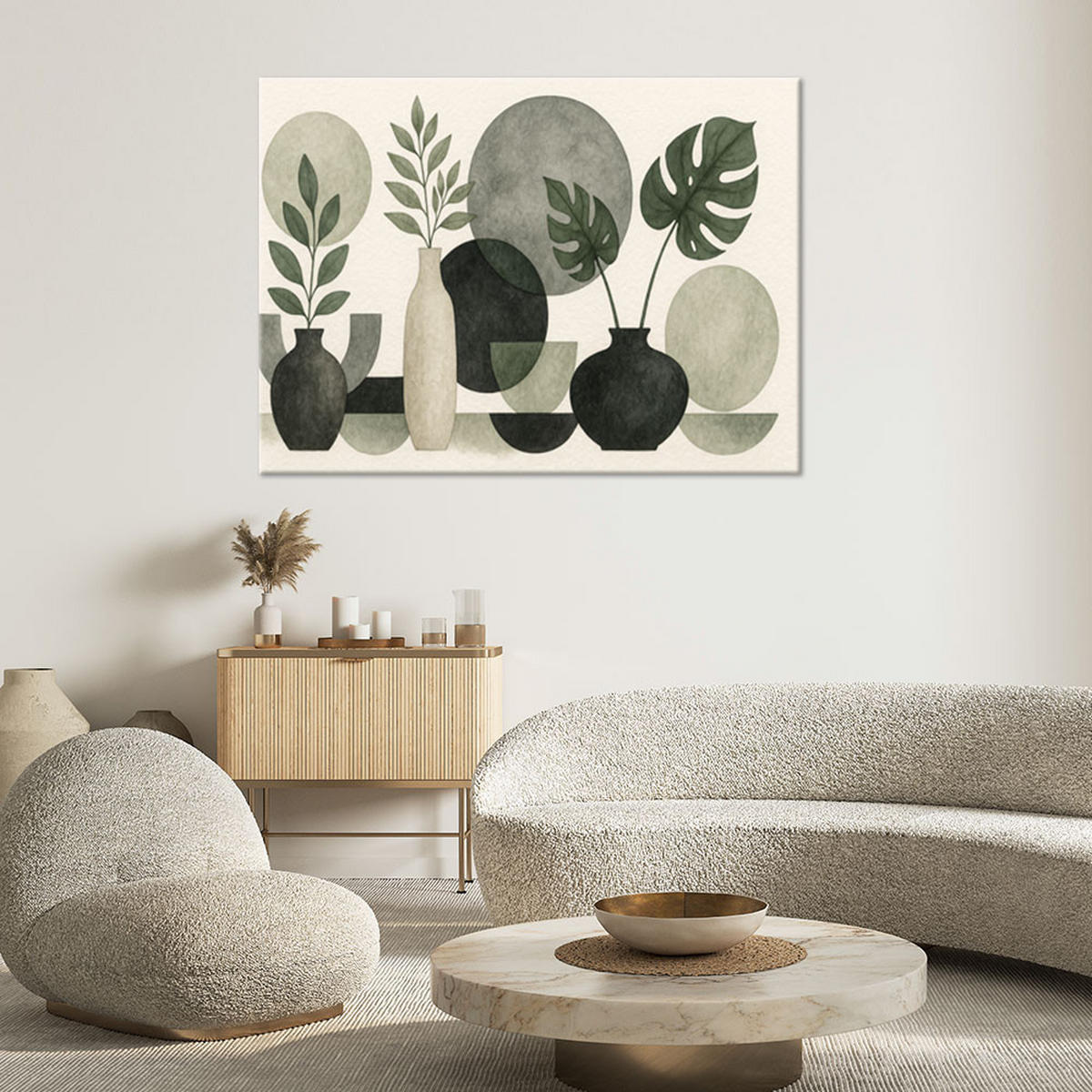 LEINWANDBILD Blumen Blätter Minimalismus Grün Natur 120x80cm - Beige, Textil (120/80cm) - Feeby