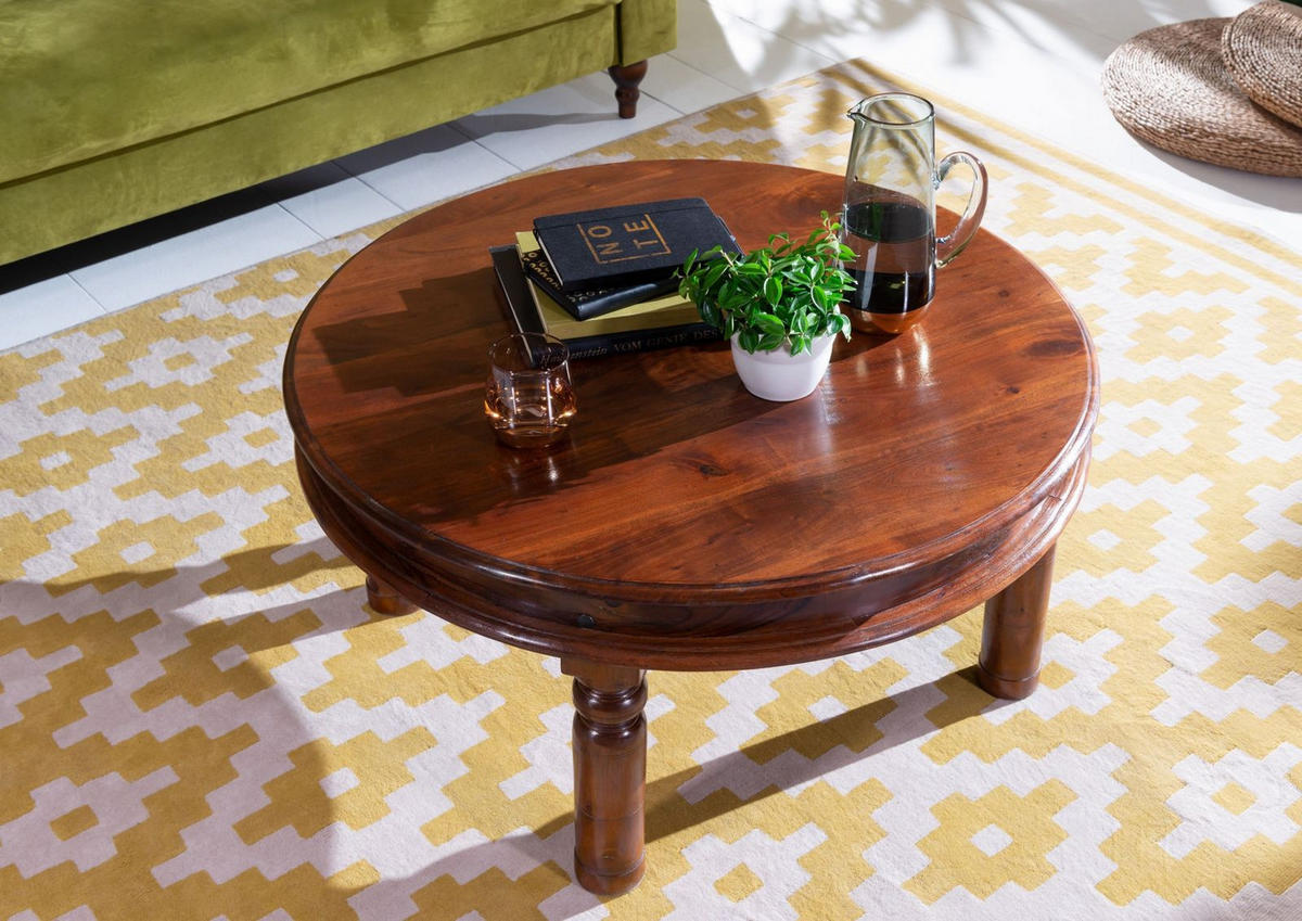 COUCHTISCH rund Akazie 90x90x45 nougat lackiert OXFORD #330 - Dunkelbraun, Holz (90/90/45cm) - Massivmoebel24
