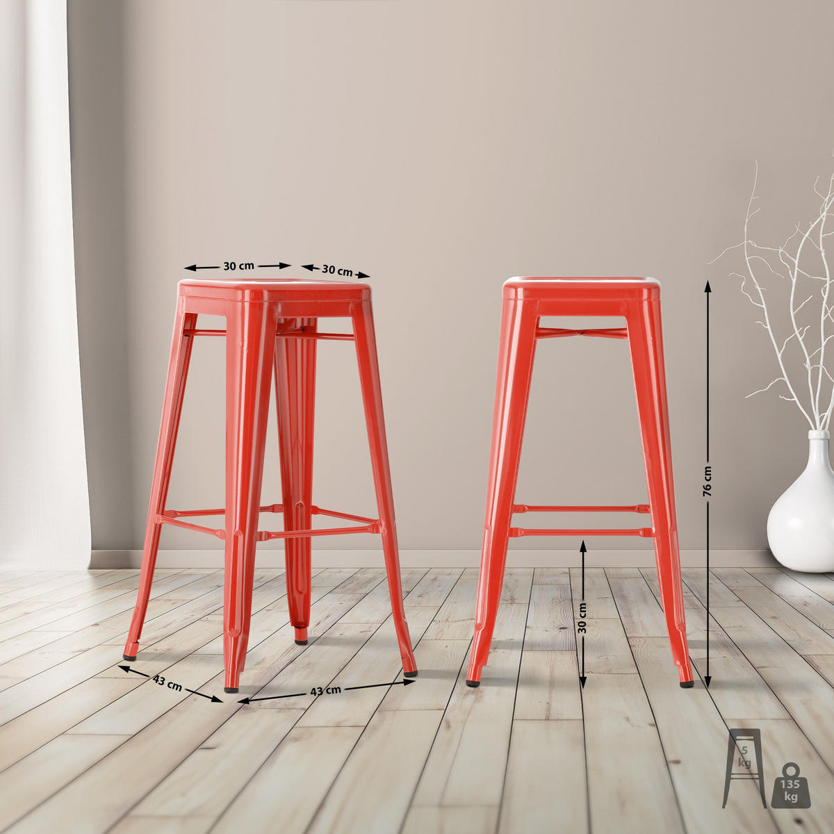 BARHOCKER 2er Set Metall rot - Rot, Metall (43/76/43cm) - CLP
