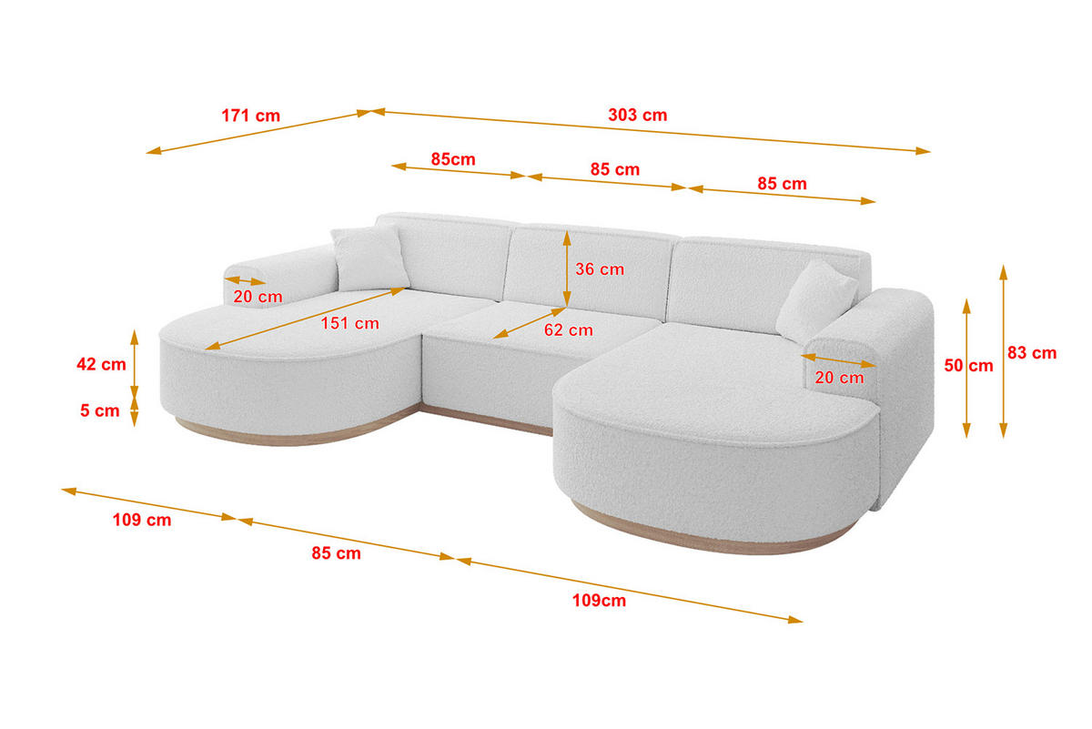 WOHNLANDSCHAFT MARI-U1-v1 - 303x171x83 cm Weiß Bouclé - Weiß, Holzwerkstoff/Textil (303/83/171cm) - ALTDECOR
