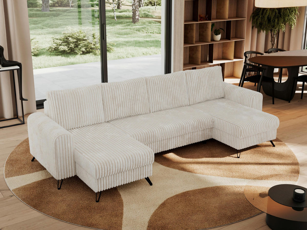 WOHNLANDSCHAFT AXEL U Cord Beige - Beige/Schwarz, Textil/Metall (312/90/140cm) - MKS