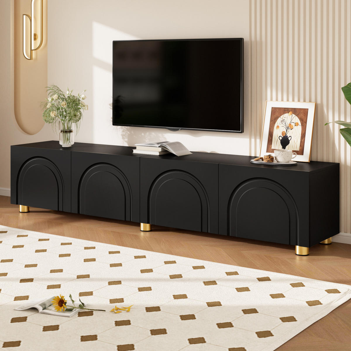 TV-LOWBOARD 180 x 35 x 40 cm, 4 Türen, Relieffront, Metallfüße, Schwarz - Schwarz, Holzwerkstoff (180/40/35cm)