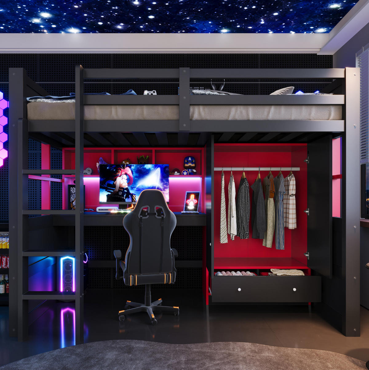 HOCHBETT 90/200 cm Schwarz-Rot mit LED, Lattenrost und Massivholz - Schwarz, Holz (90/200cm) - MIVRAY
