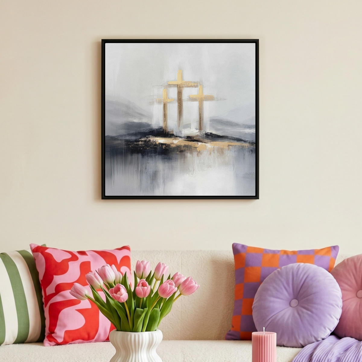 LEINWAND Bilder mit Rahmen - Abstrakt - Malerei - Christentum - Kreuz - 50x50 - Weiß, Textil (50/50cm) - MuchoWow