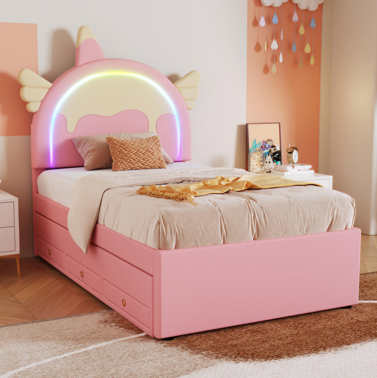 KINDERBETT 90/200 cm Einhornform mit ausziehbarem Rollbett aus PU in Rosa - Rosa, Kunststoff (90/200cm) - OKWISH