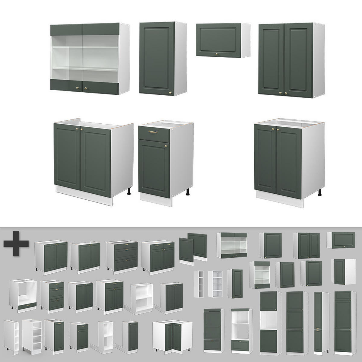 KÜCHENZEILE Fame-Line Grün-Gold Landhaus/Weiß 240 cm, AP Eiche - Weiß/Grün, Holzwerkstoff (240/81.6/60cm) - Vicco