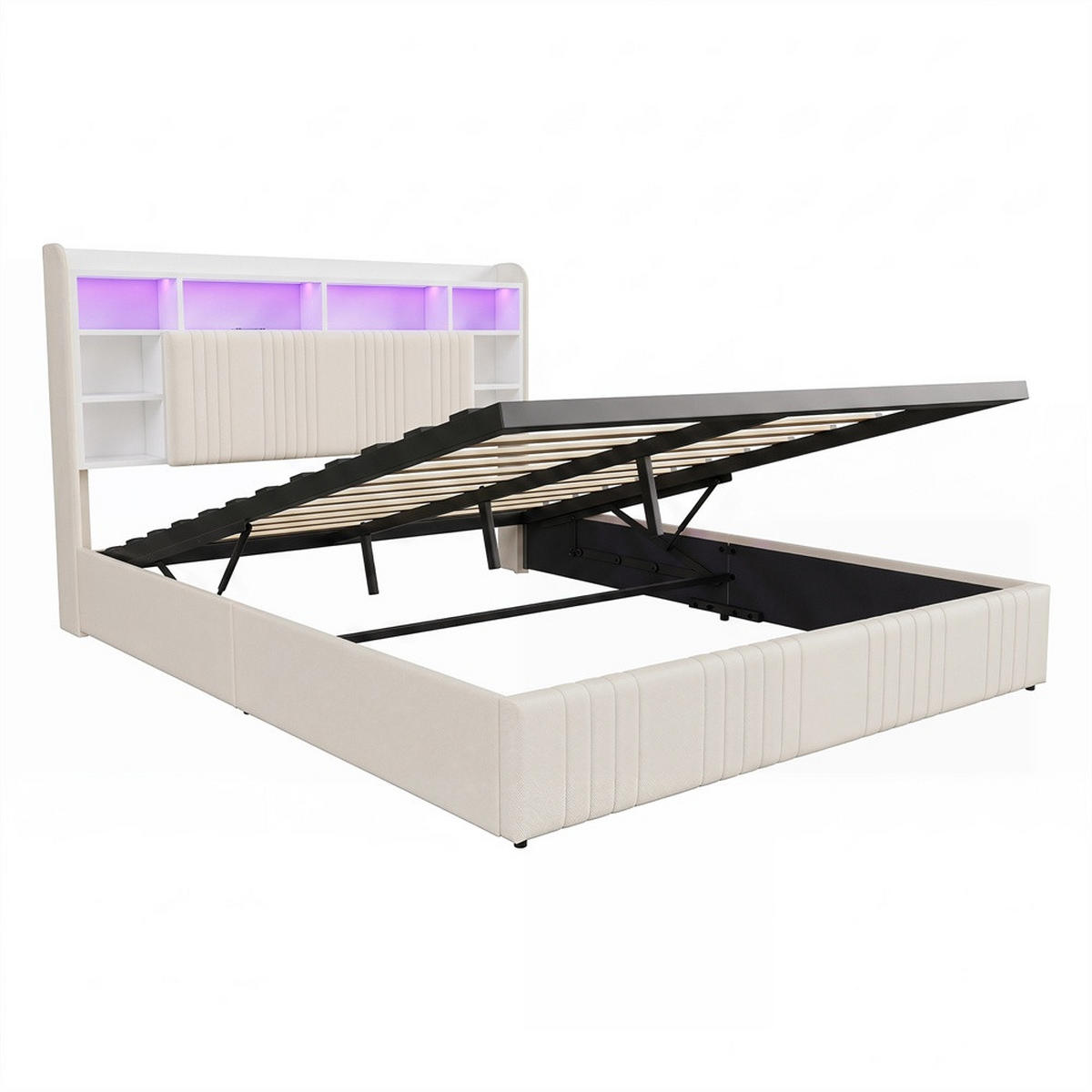 POLSTERBETT 160x200 cm mit LED-Beleuchtung - Kopfteil-Stauraum, Ladestation und hydraulischem Stauraum - Beige - Beige, Textil (160/200cm) - DELFA