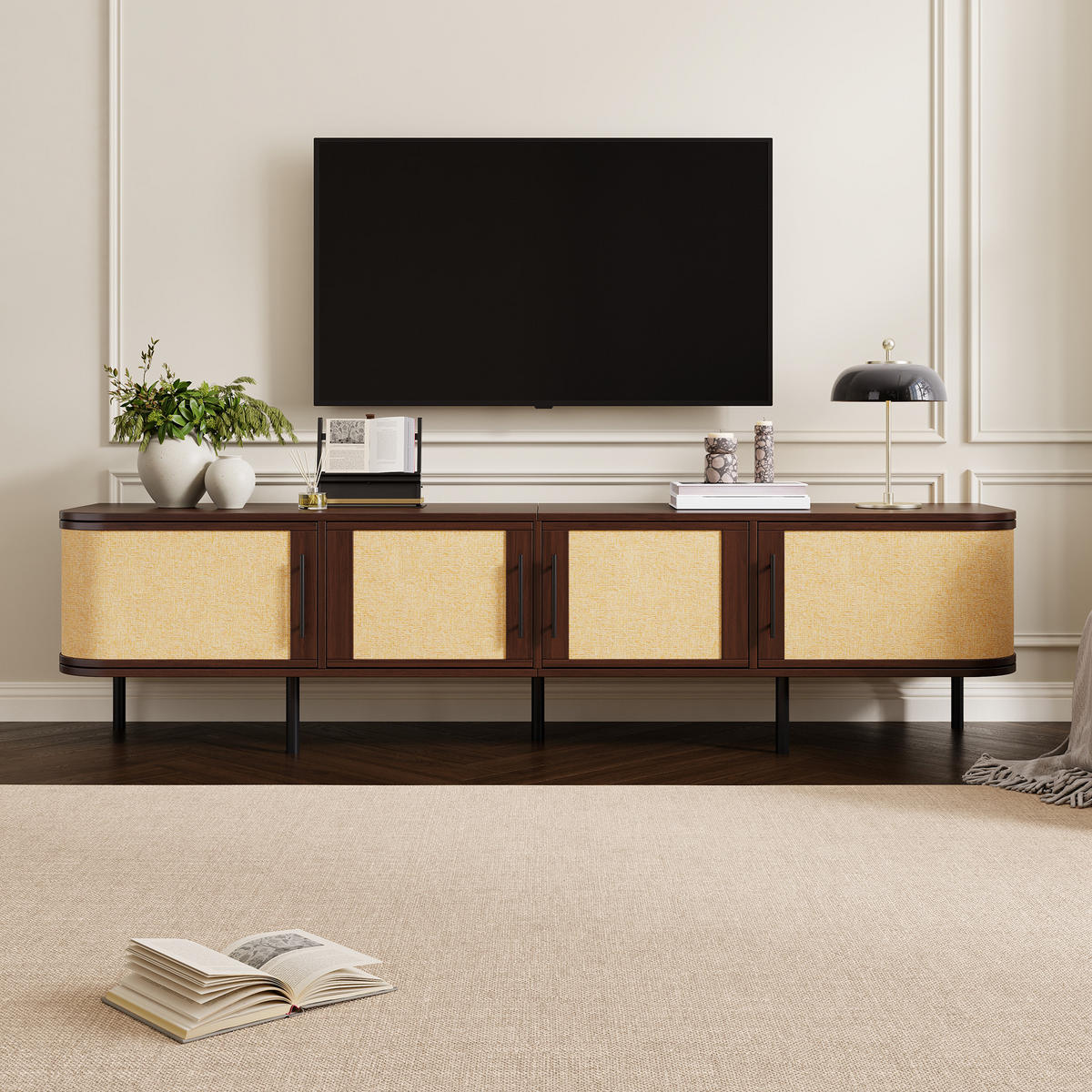 TV-LOWBOARD 180 x 40 x 45 cm aus MDF, Rattanoptik, 4 Türen, Metallfüße, Walnuss - Walnussfarben, Holzwerkstoff (180/45/40cm)