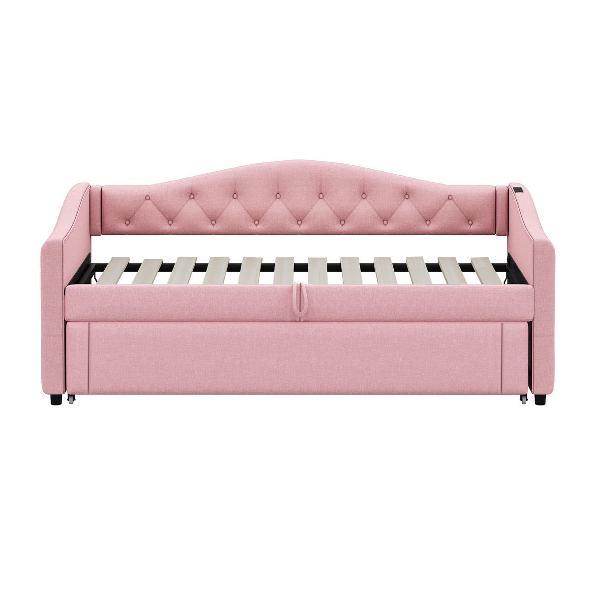 ČALÚNENÁ posteľ z ľanovej látky 90x200 cm ružová s USB portom a lamelovým roštom - pink, textil (90/200cm) - Modfu