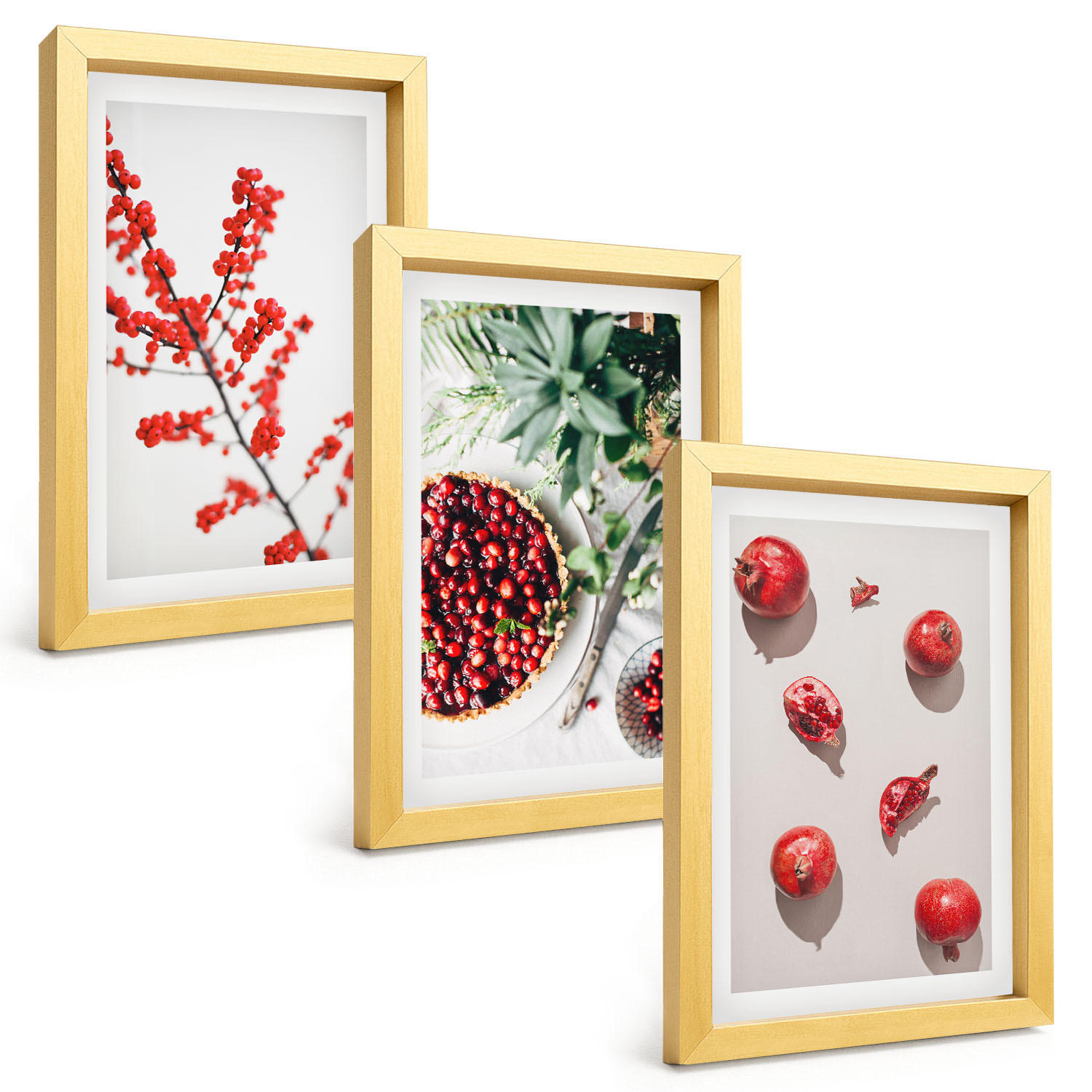 BILDER SET 3er Set - 20x30 cm Goldrahmen - Minimalismus der roten Früchte von Pflanzen - Goldfarben, Kunststoff (20/30cm) - TULUP