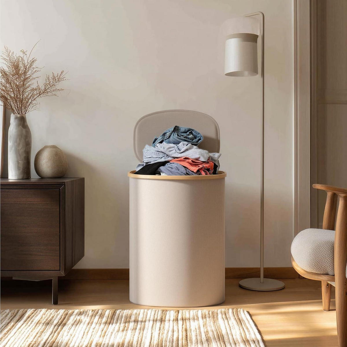 WÄSCHEKORB Bambus 80L mit Deckel und herausnehmbarem Beutel - Beige, Naturmaterialien (32/56/44cm)