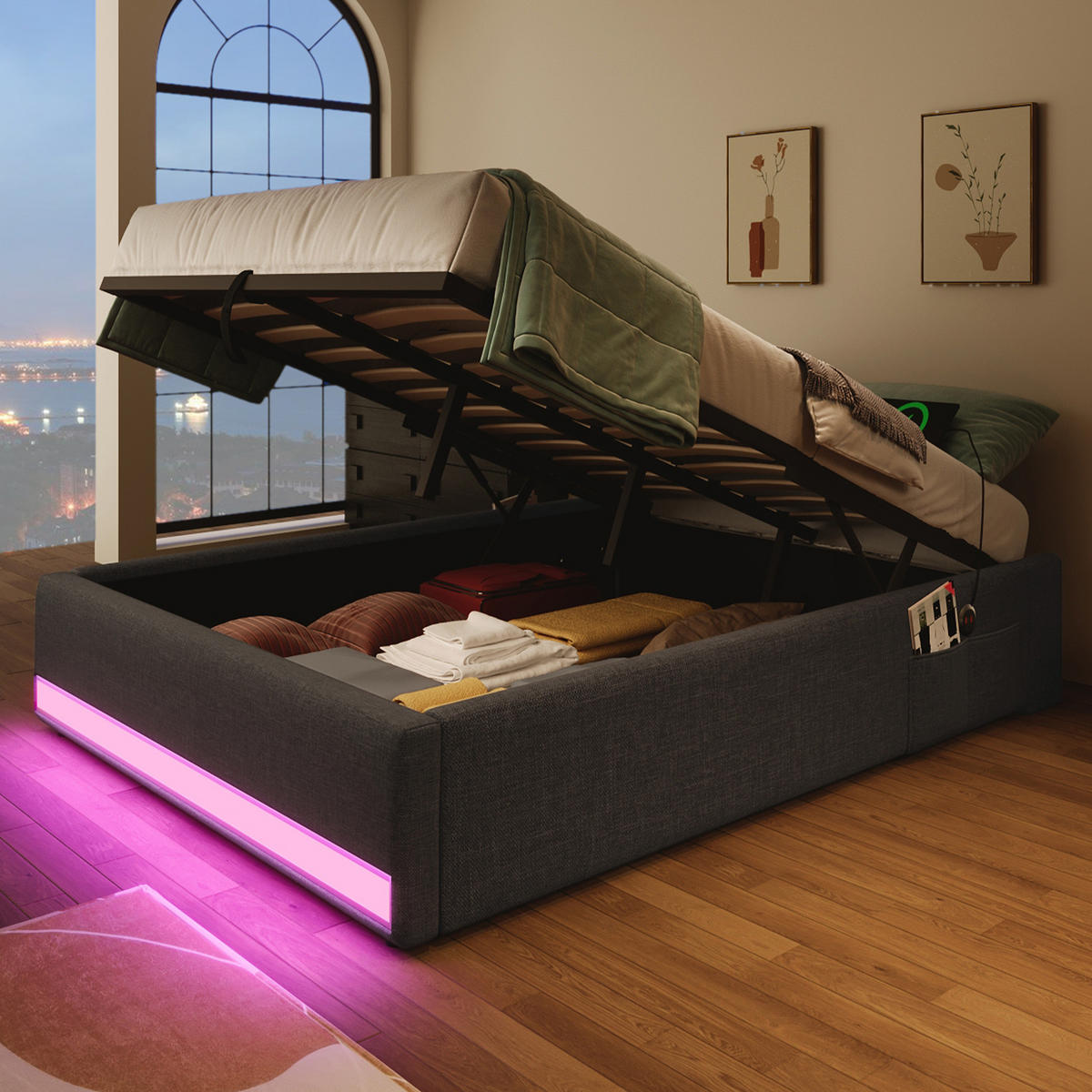 POLSTERBETT 90/200 cm mit LED-Beleuchtung, USB-C und Bettkasten in Grau - Grau, Textil (90/200cm) - BEAOK