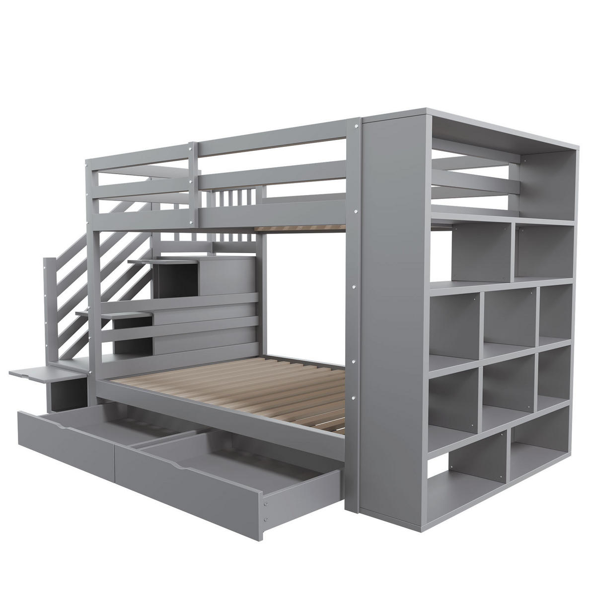 ETAGENBETT 90/200 cm, Grau mit Sicherheitstreppe und Stauraum - Grau, Holz (90/200cm) - MIVRAY