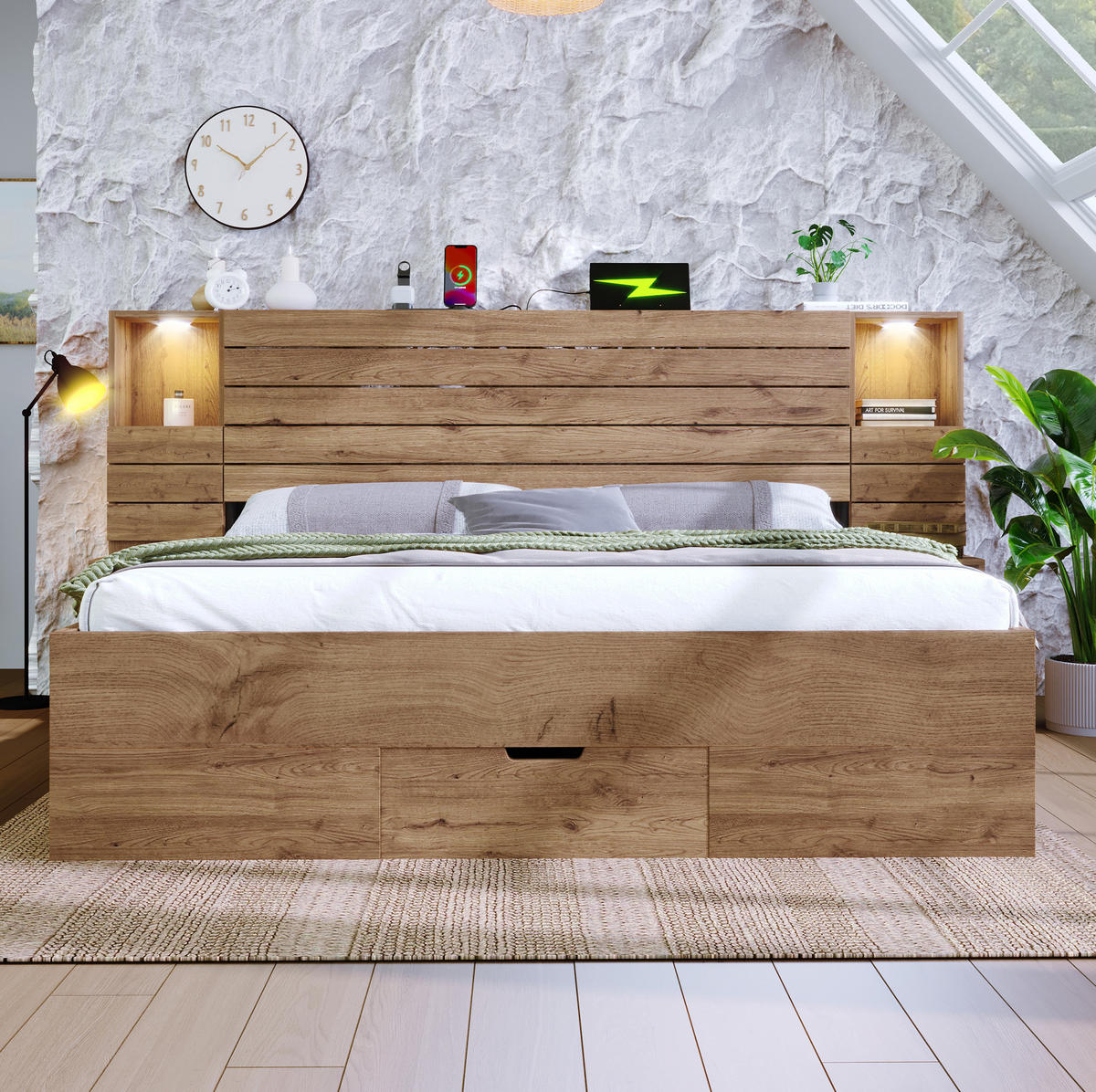 BETT 160/200 cm mit USB, LED und Stauraum inkl. Matratze in Eiche - Eichefarben, Holzwerkstoff (160/200cm) - BEAOK