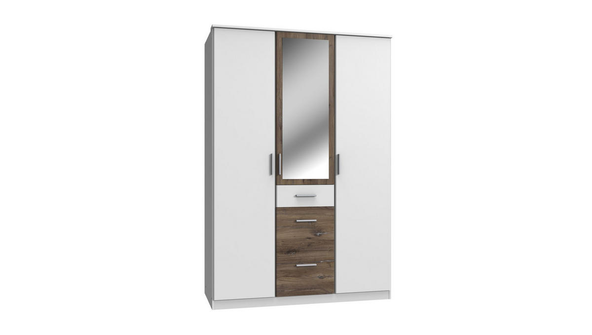 KLEIDERSCHRANK Joker in Weiß Flagstaff Eiche - Drehtürenschrank 3 türig mit Spiegel - Weiß, Holzwerkstoff (135/199/58cm)