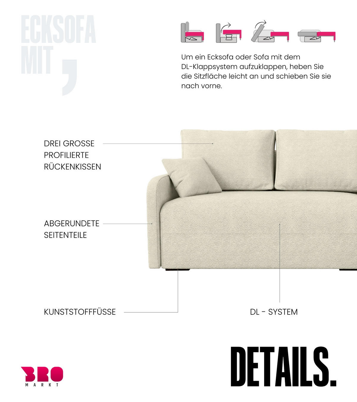 ECKSOFA Malen mit Schlaffunktion Beige Bouclé - Creme, Textil (215/141cm) - Bromarkt