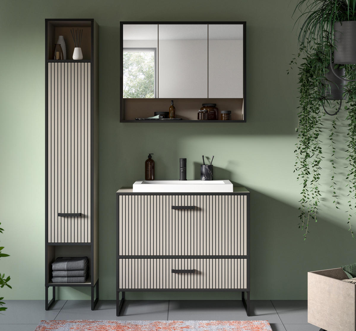BADMÖBEL-SET schwarz, sand mit Waschbecken 125 cm, Kombination mit Soft-Close - Sandfarben/Schwarz, Glas/Keramik (125/192/48cm) - Inn.Furn