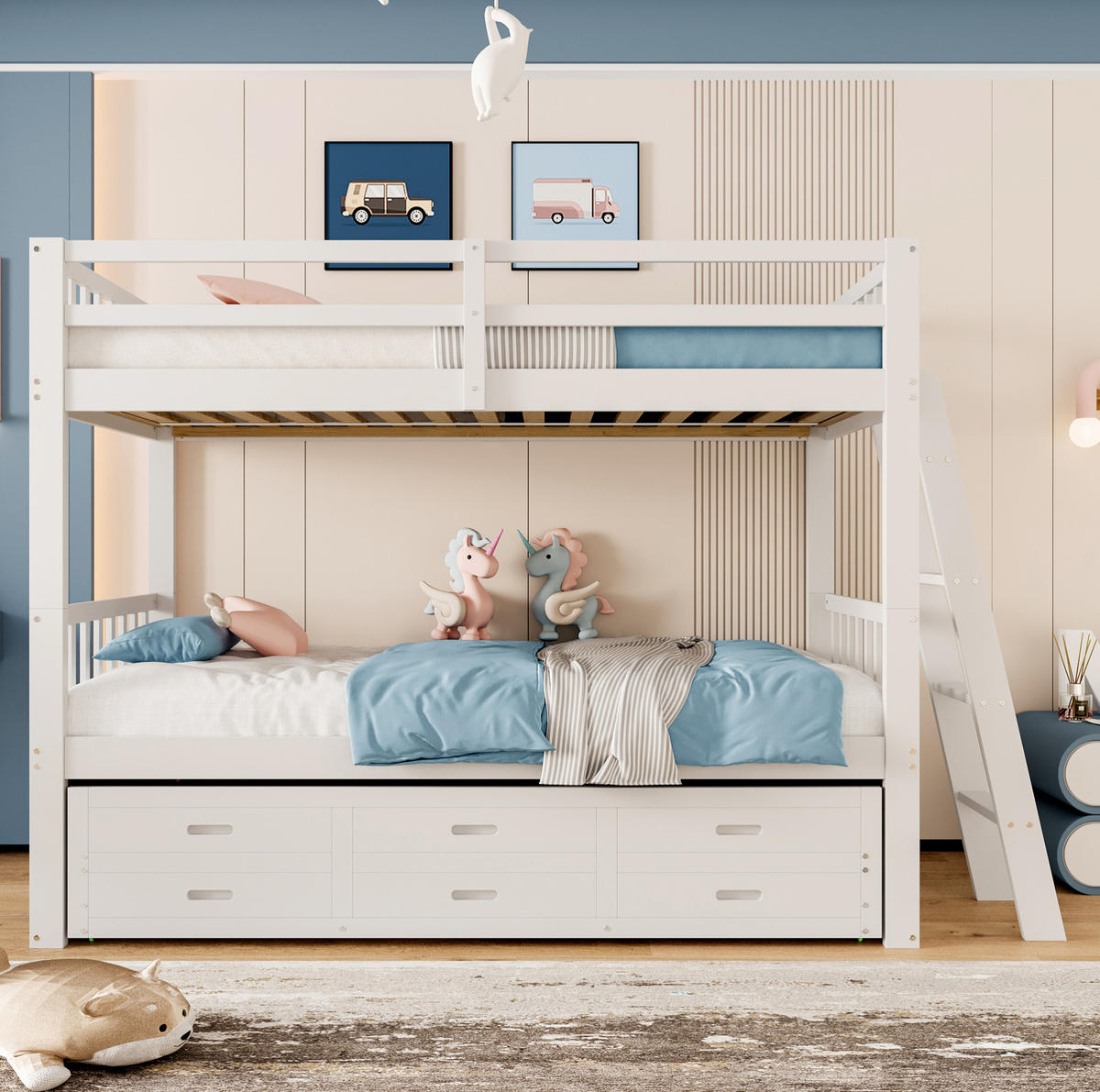 ETAGENBETT 90/200 cm aus Kiefernholz mit Ausziehbett und 3 Schubladen, Weiß - Weiß, Holz (90/200cm) - Flora Grace