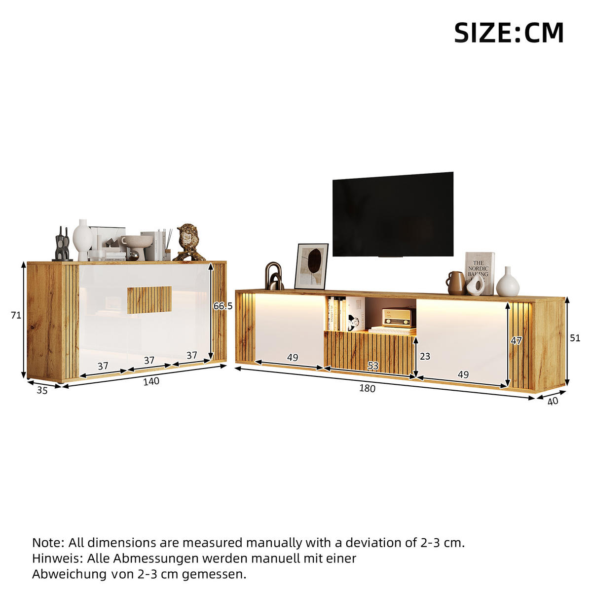 WOHNZIMMERSET 180×40×51cm Weiß mit Sideboard - Weiß/Naturfarben, Holzwerkstoff (180/51/40cm) - FLIEKS