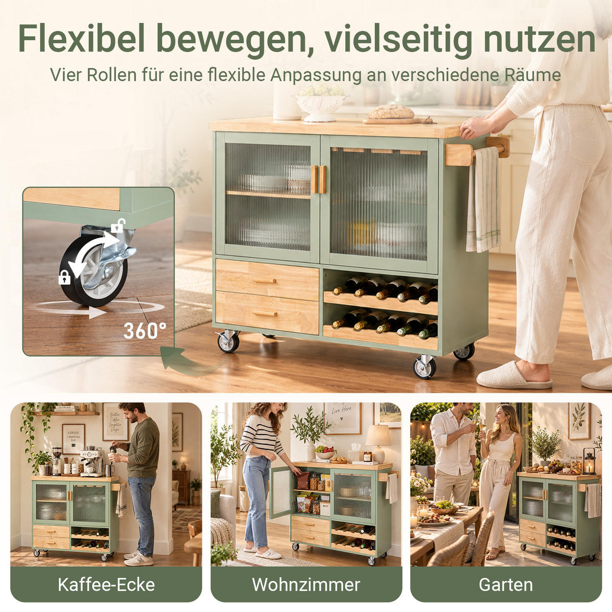 KÜCHENINSEL mit Bremsrollen, 110 x 92 x 40 cm, Weinregal, Glastüren, 2 Schubladen, Grün - Grün, Naturmaterialien/Holz (109/92/40cm) - SoBuy