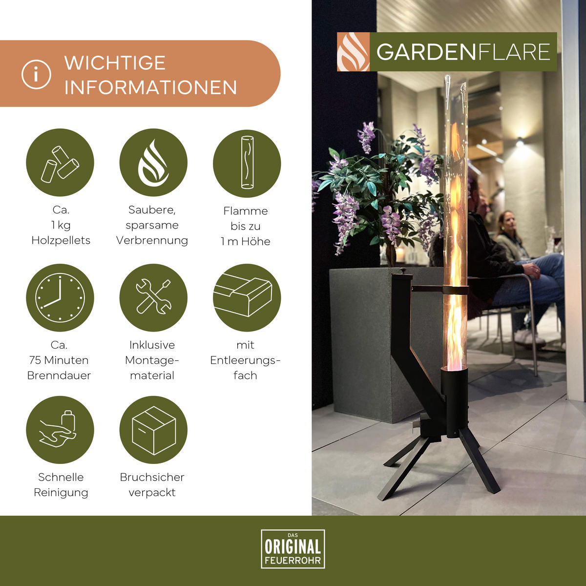 GARDENFLARE Feuerrohr – elegante Edelstahl Feuersäule und Pelletfackel - schwarz - Schwarz, Metall (36/131/35cm) - Gardenflare