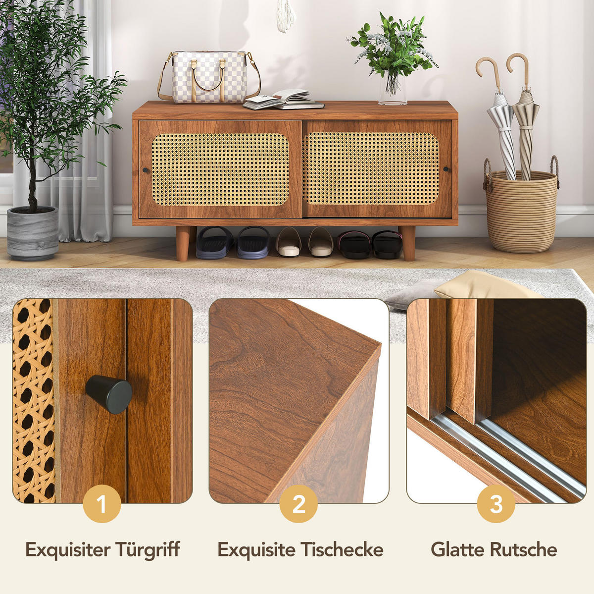 SCHUHSCHRANK 104/40/48 cm walnuss aus Spanplatte mit Rattantüren - Walnussfarben, Holzwerkstoff (104/48/40cm) - OKWISH