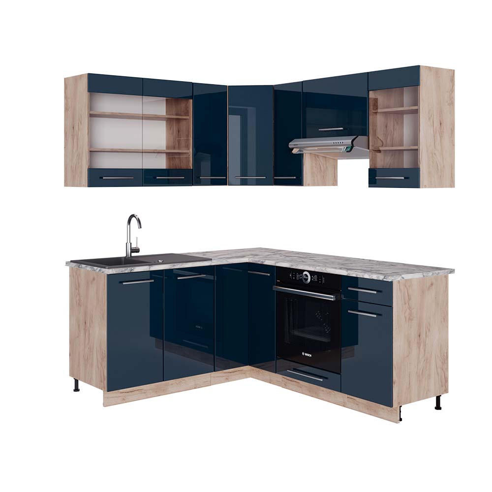 ECKKÜCHE Fame-Line Dunkelblau Hochglanz/Goldkraft Eiche 160 x 190 cm AP Marmor - Eiche Wotan/Dunkelblau, Holzwerkstoff (190/81.6/60cm) - Vicco