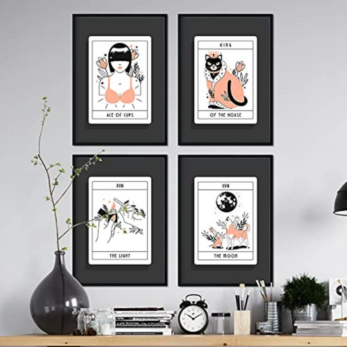 POSTER Set mit 4 Blättern in orangefarbenen originellen Tarotkarten A4 Schwarzer Rahmen - Schwarz, Papier (29.7/3cm) - Nacnic