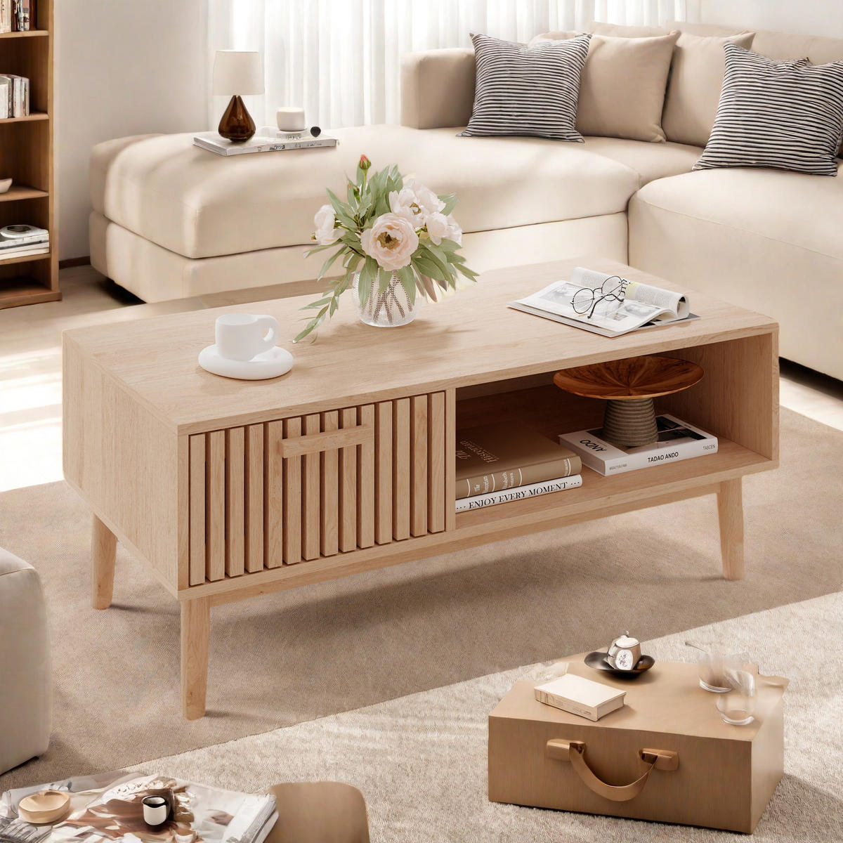 COUCHTISCH naturholz rattanoptik mit fach und schublade - Braun, Holzwerkstoff (100/50/43cm) - SHOPENTRA