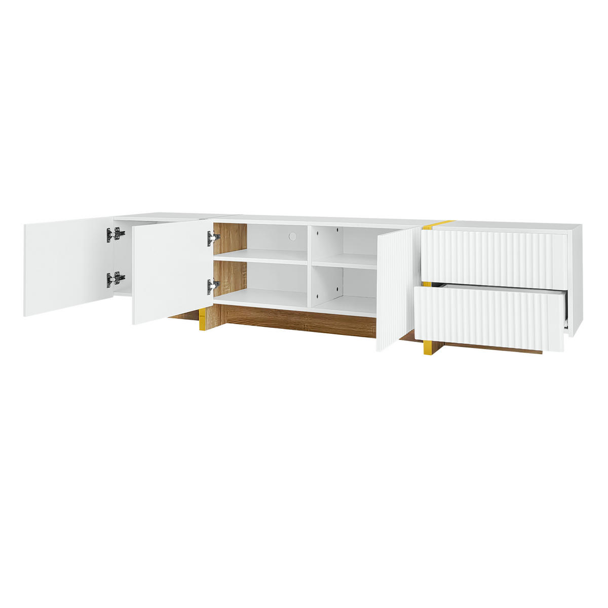 TV-SCHRANK 190cm 3 Türen 2 Schubladen Weiß Gold & Holzmaserung - Weiß, Holz (44.48/17.48/103.48cm) - FLIEKS