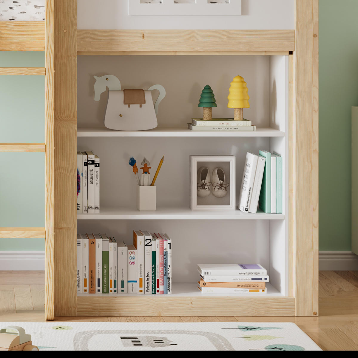 HOCHBETT Hausdesign 90/200 cm Weiß Natur mit Staufächern, Schubladen ohne Matratze - Weiß, Holz (90/200cm) - MIVRAY