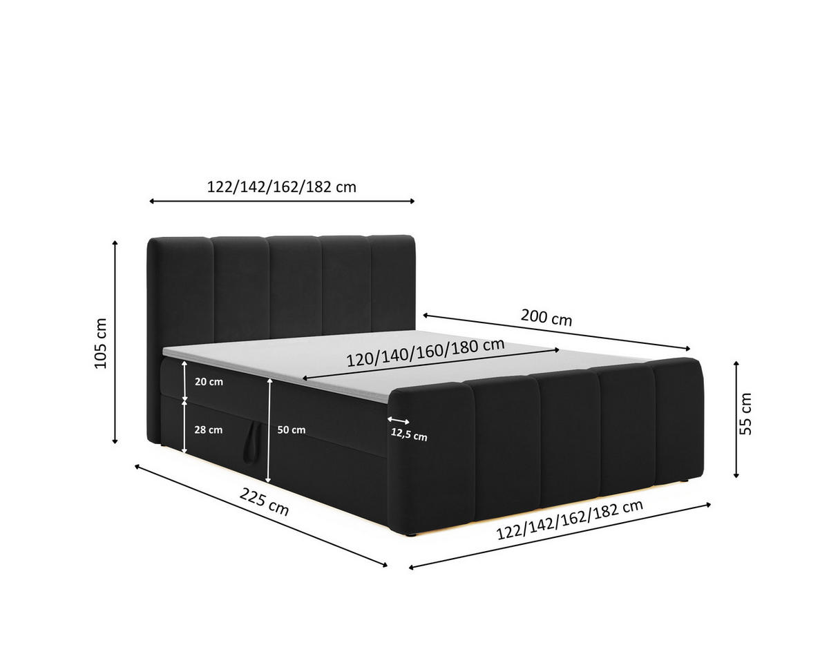 BOXBETT Berg Mit Matratze, Stoff Komodo Schwarz 140x200 cm - Schwarz, Holz (140/200cm) - Kaiser Möbel