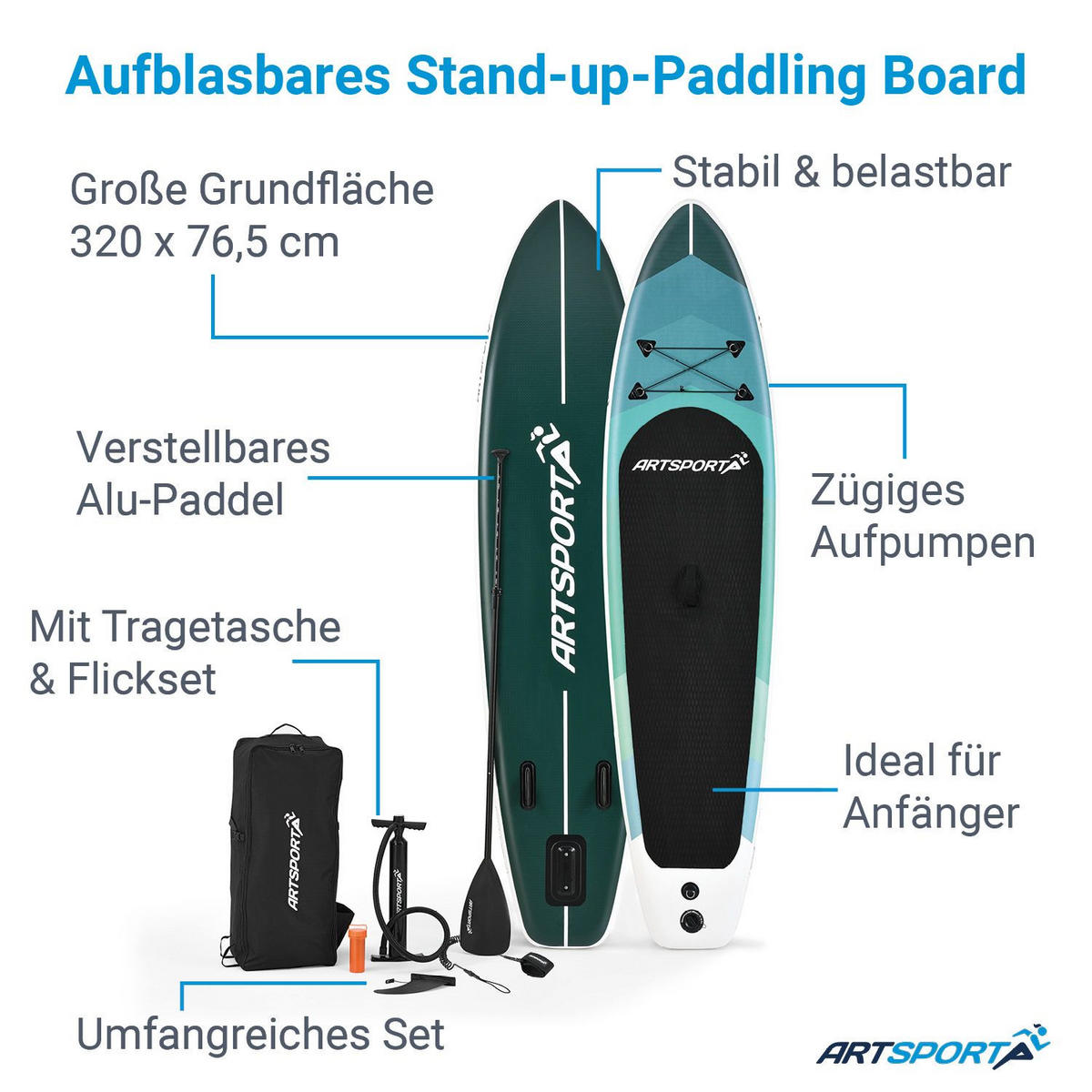 STAND UP Paddle Board Blue Wave aufblasbar mit Tasche & Zubehör - Grün, Kunststoff (320/76.5/15cm) - Artsport