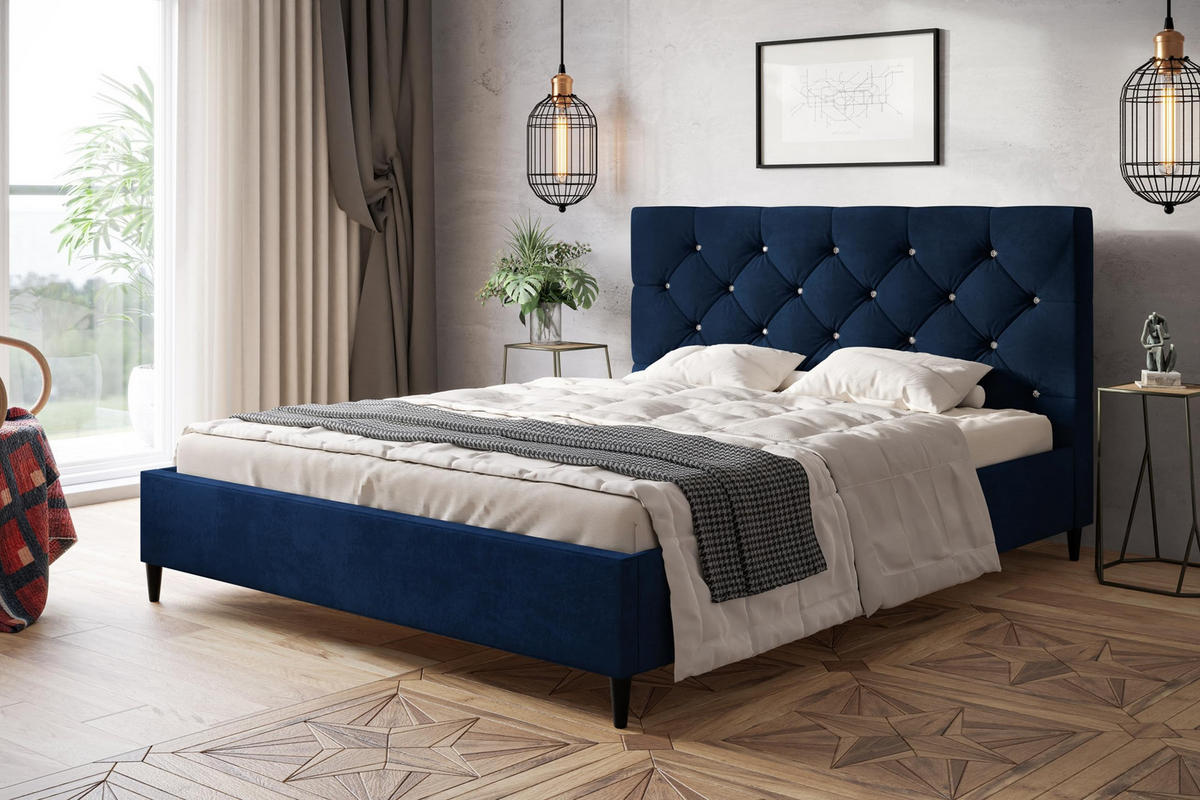 POLSTERBETT LUX Boston mit Kopfteil, 140 x 200 cm, Doppelbett mit Lattenrost aus Holz, Velourstoff Dunkelblau, Füße in Farbe: Schwarz - Dunkelblau, Holz/Textil (140/200cm) - Alpi-Möbel