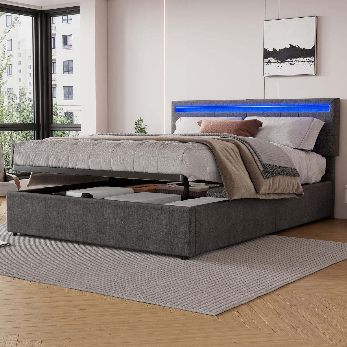 POLSTERBETT 160/200 cm Grau mit LED-Umgebungslicht und USB-Anschluss - Grau, Textil (160/200cm) - OKWISH