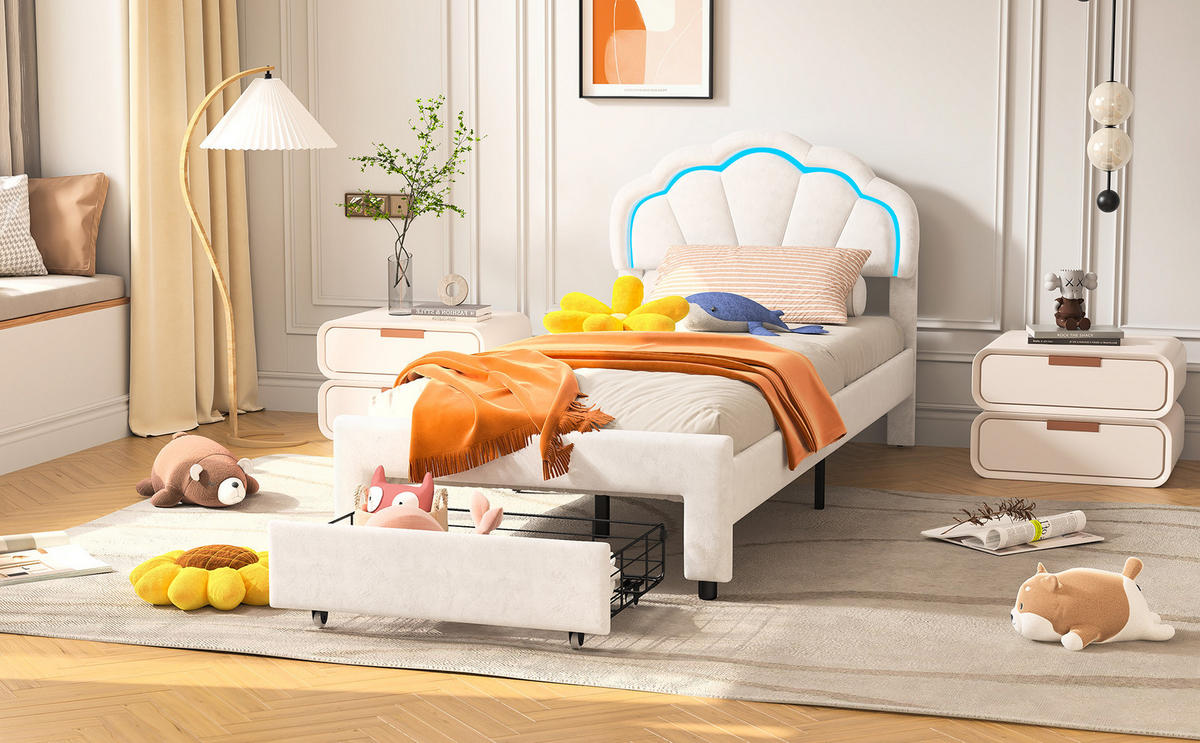 POLSTERBETT 90x200 cm Weiß Samt LED Schublade - Weiß, Holz (90/200cm) - SHOPENTRA