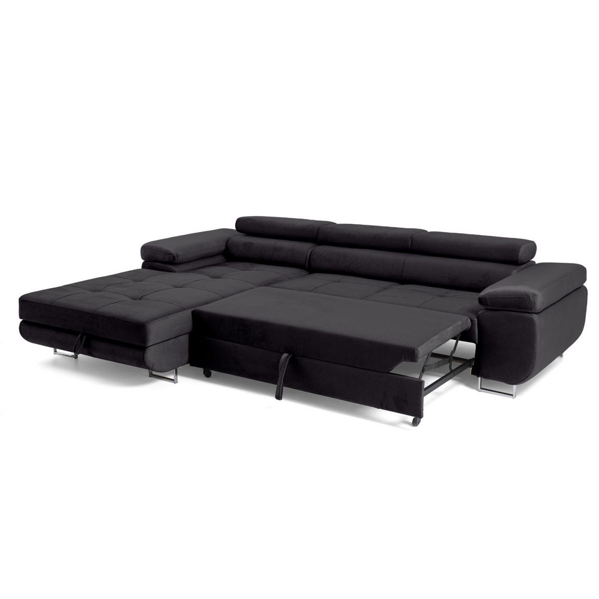 ECKSOFA ALONZO L Links mit Schlaffunktion 125x195 Velours Schwarz - Silberfarben/Schwarz, Holz/Textil (275/203cm) - Muffo