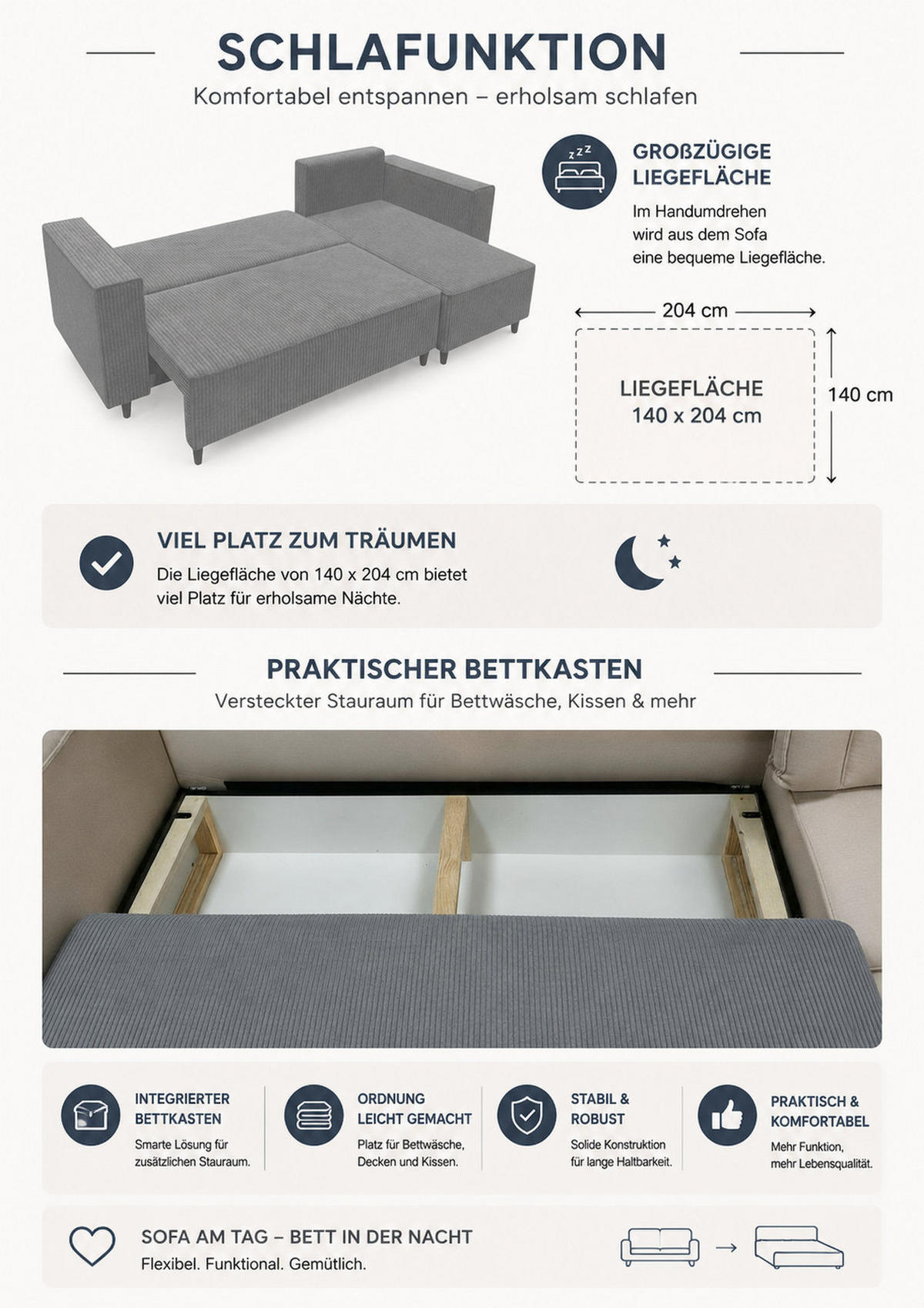 ECKSOFA RIO mit Schlaffunktion und Bettkasten, Farbe: Blau, Cordstoff, Ottomane Universal - Blau, Textil (249/142cm) - Marpur