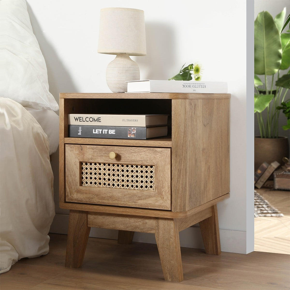 NACHTTISCH 1 schublade mit rattanfront und 1 fach palmo 39/39/49 cm - Eschefarben, Holzwerkstoff (39/49/39cm) - Calicosy