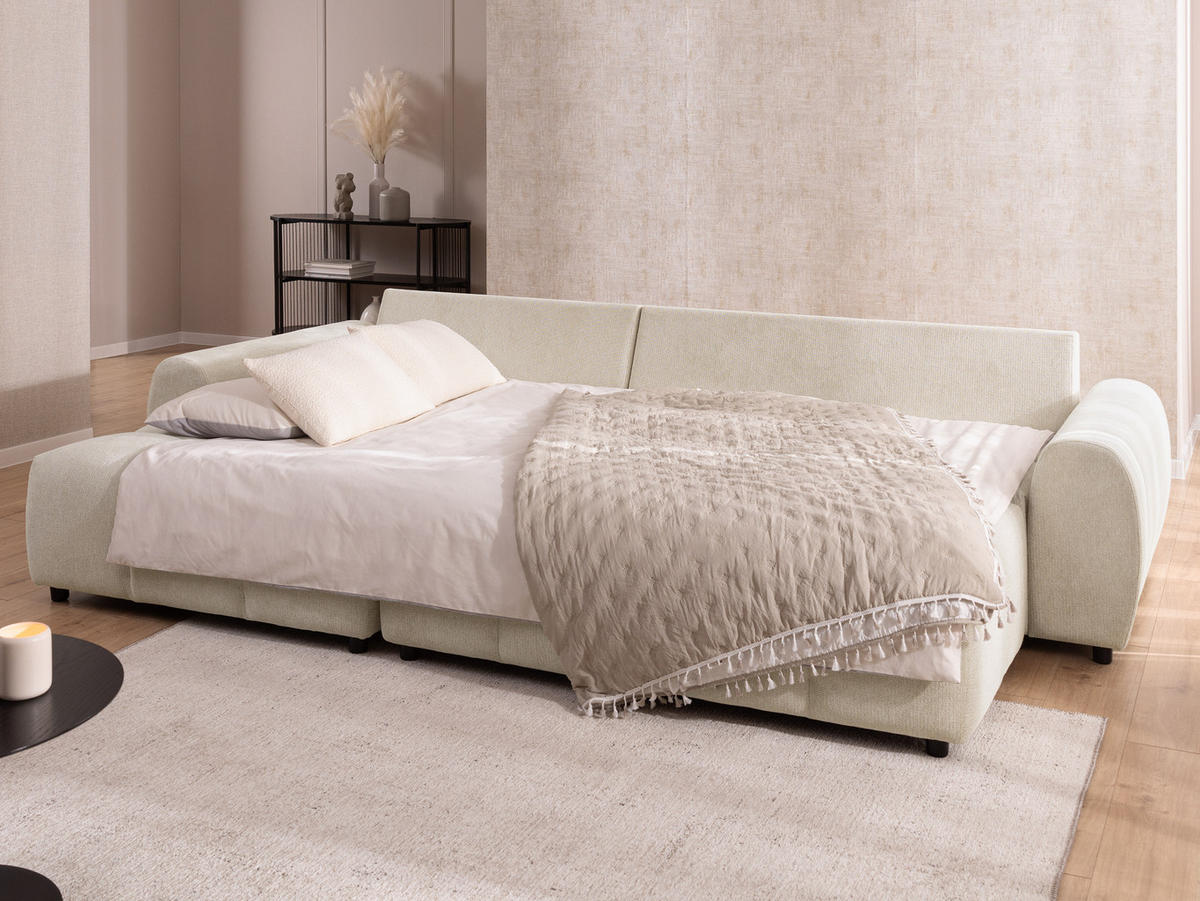 ECKSOFA inkl. Hocker Bubble mit Schlaffunktion und losen Rückenkissen, Sitzfläche in Bubble-Optik aus weichem Hellbeige Strukturstoff - Ottomane Links - Beige/Schwarz, Holz/Kunststoff (180/306cm) - S-Style Möbel