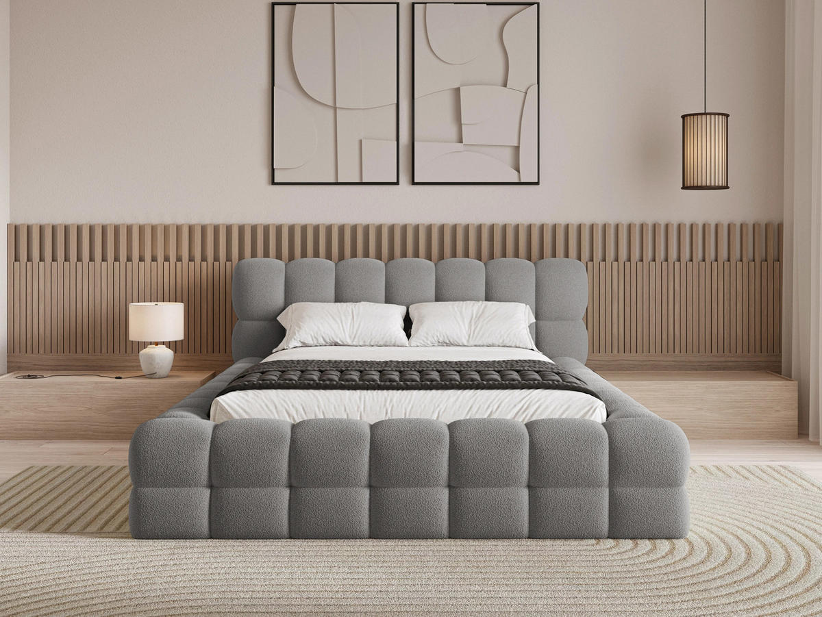 POLSTERBETT Verona 180x200 cm mit stabilem Metallrahmen, Bettkasten, Lattenrost und markantem Kopfteil - Bouclé Dunkelgrau - Dunkelgrau, Holz (180/200cm) - Chilly