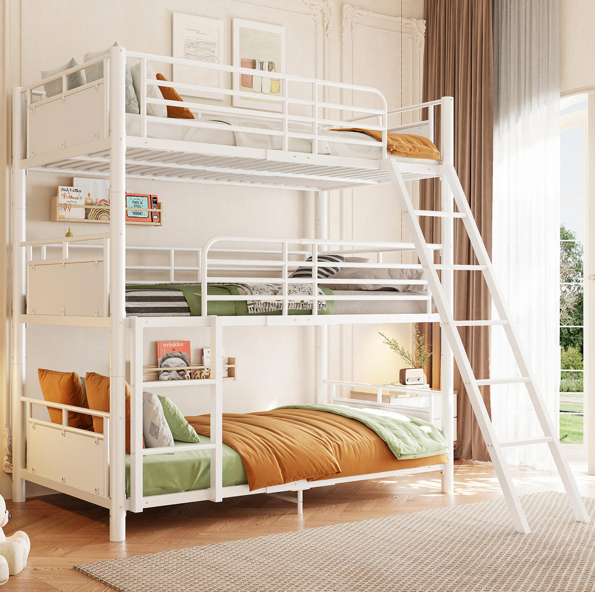 DREIFACH-ETAGENBETT aus Metall und Holz 90x200 cm Weiß mit 3 Schlafplätzen und 2 Leitern - Weiß, Metall (90/200cm) - Modfu