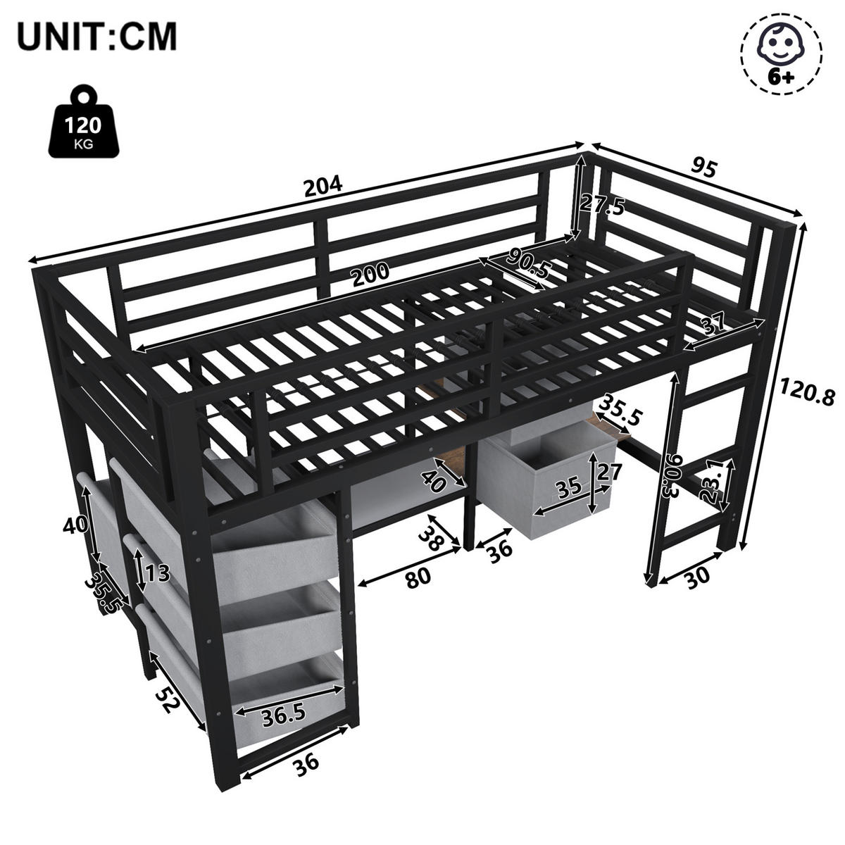 HOCHBETT 90/200 cm Schwarz aus Metall mit LED-Beleuchtung - Schwarz, Metall (90/200cm) - OKMYHOME