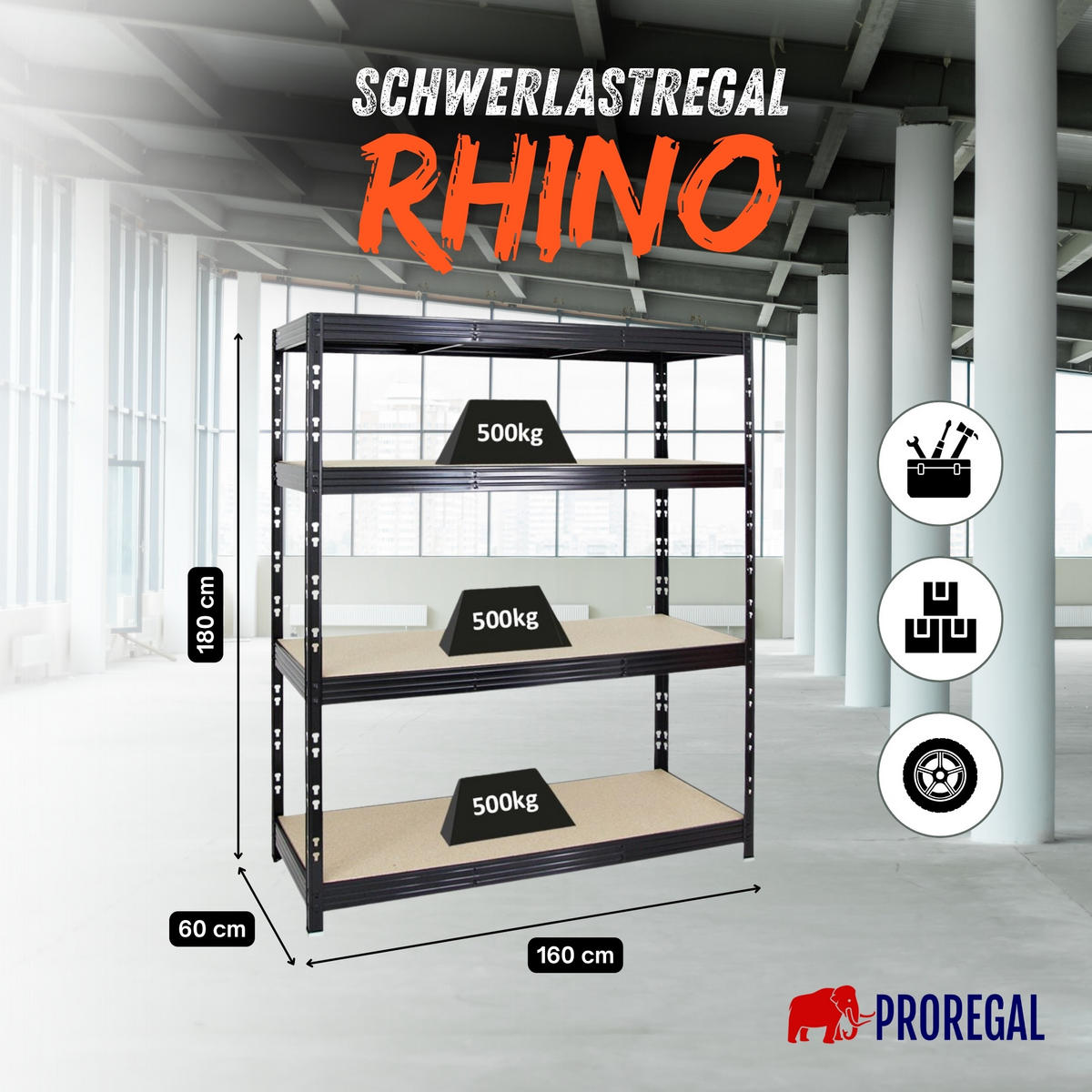 SCHWERLASTREGAL Rhino 180x160x60 cm 4 Spanplatten-Ebenen 8mm Fachlast 500 kg Schwarz - Schwarz, Metall (160/180/60cm) - PROREGAL